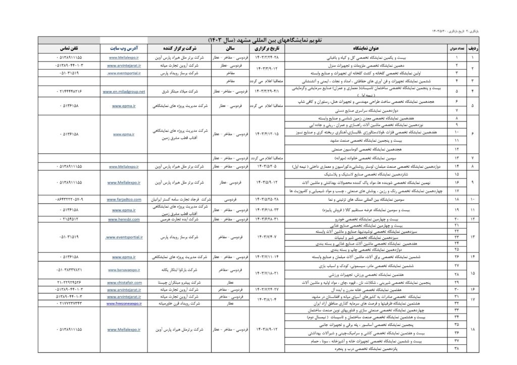 تقویم نمایشگاه بین المللی مشهد 1